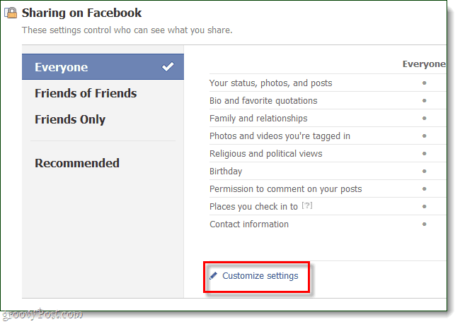 a facebook-on történő megosztás alatt kattintson a beállítások testreszabása elemre