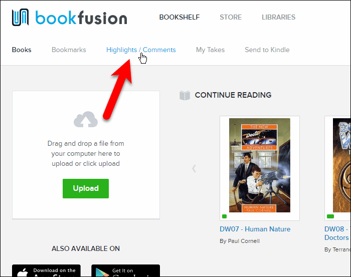Kattintson a Kiemelések / megjegyzések elemre a BookFusion webes felületén