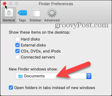 Kattintson az Új kereső ablakok legördülő listájára a Mac Finder Preferences menüpontjában