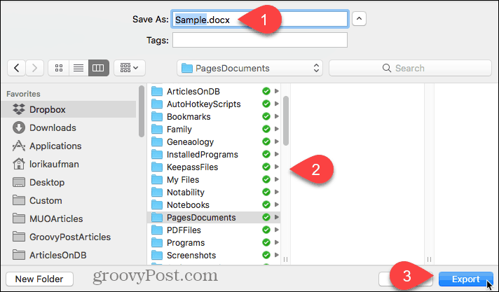 Válassza ki az exportált fájl helyét, és kattintson az Exportálás elemre a Mac oldalakban