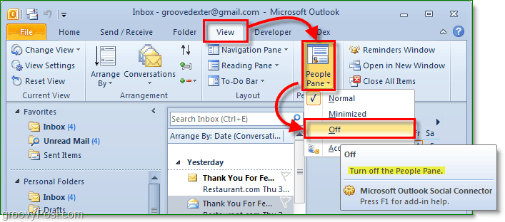 az emberek ablaktáblájának kikapcsolása a Microsoft Office Outlook 2010 programjában