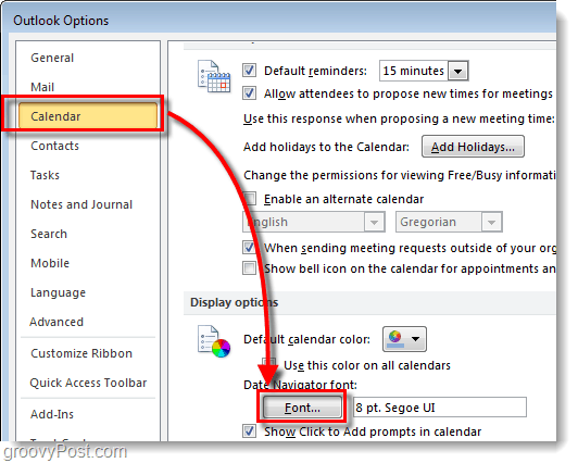 Az Outlook 2010 naptári dátum navigátor betűkészletének módosítása