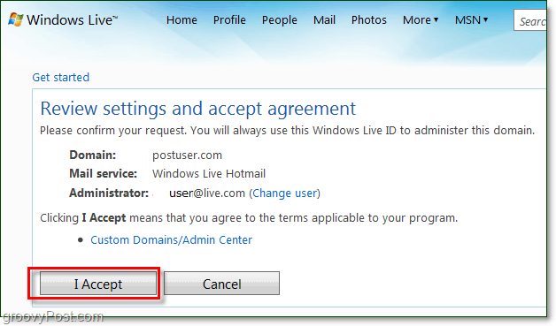tekintse át és fogadja el a Windows Live domain e-mail feltételeire vonatkozó megállapodást