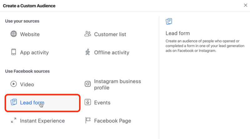 Lead Form opció a Facebook egyéni közönségéhez