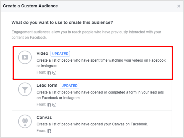 Válassza a Video elkötelezettség lehetőséget a Facebook egyéni közönségéhez.