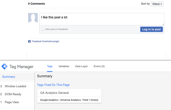 Használja a Google Címkekezelőt a Facebook-szal, 23. lépés, a megjegyzés előnézete és összefoglaló kiválasztás a kirúgott Facebook-címkéhez