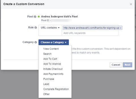 facebook egyéni konverziók kategória