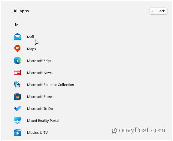 Alkalmazások M szakasza a Windows 11 rendszeren Start
