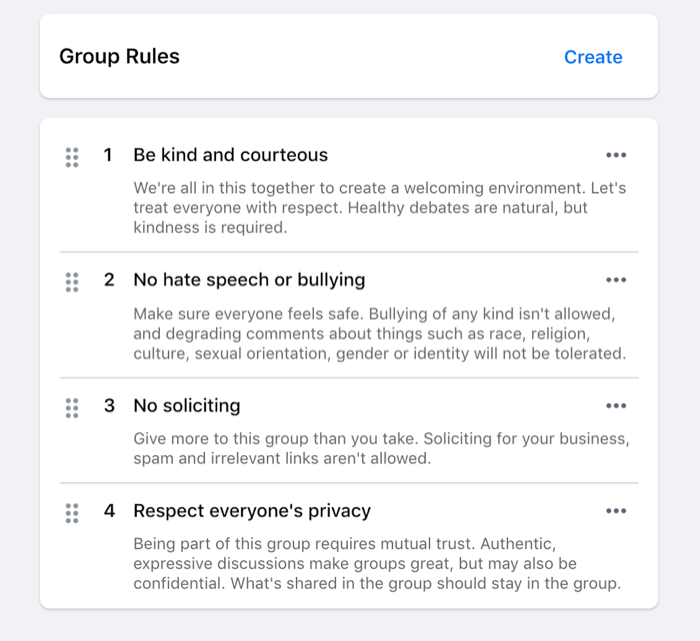 példa egy facebook-csoportra beállított szabályokra, például légy kedves, ne gyűlölködj, ne kérj stb.