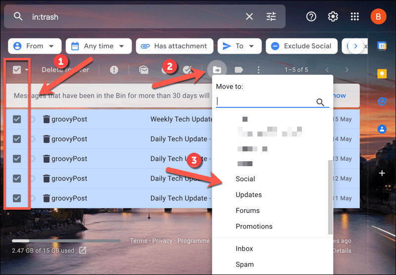 E-mailek áthelyezése a Gmail kukájából