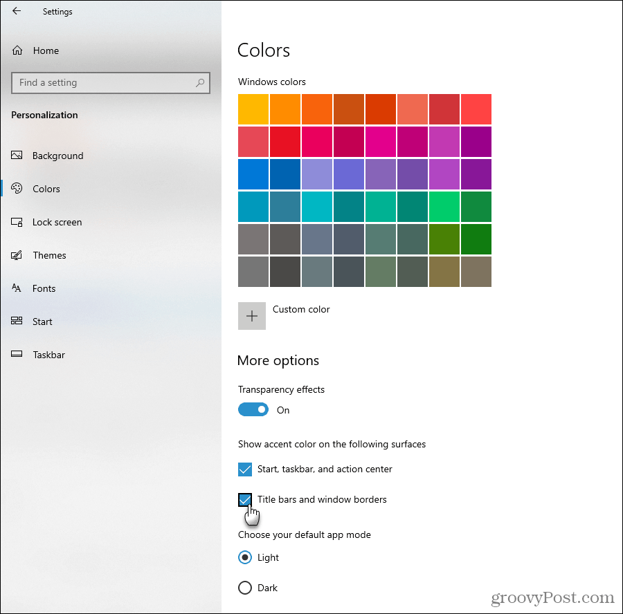 Az ékezetes színbeállítások megjelenítése a Windows 10 rendszerben