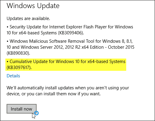 A Windows 10 frissítése KB3097617
