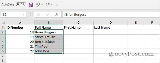 Válassza a Nevek lehetőséget az Excel listából