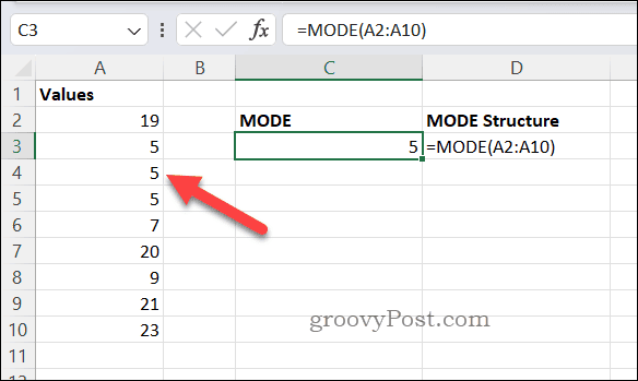 A MODE képlet eredménye Excelben