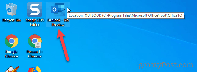 Parancsikon az Outlook elindításához, ha az Olvasási ablaktábla ki van kapcsolva