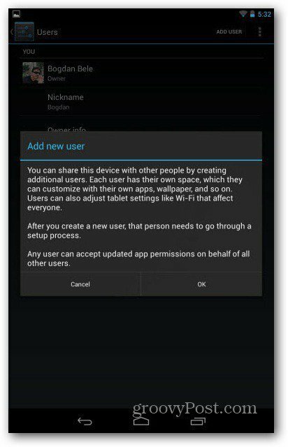 A Nexus 7 felhasználói fiókok figyelmeztetése
