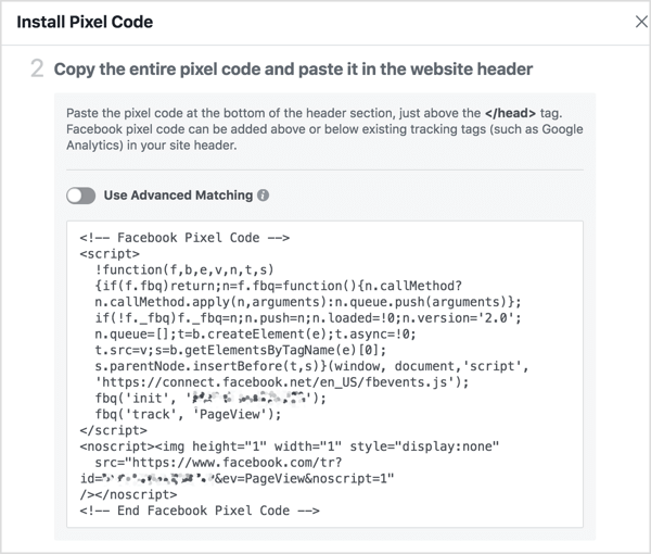 Telepítse a Facebook pixel kódot a webhelyére.