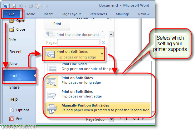 A Micosoft Word 2010 képernyőképe módosítsa a nyomtatási beállításokat mindkét oldalra történő nyomtatáshoz