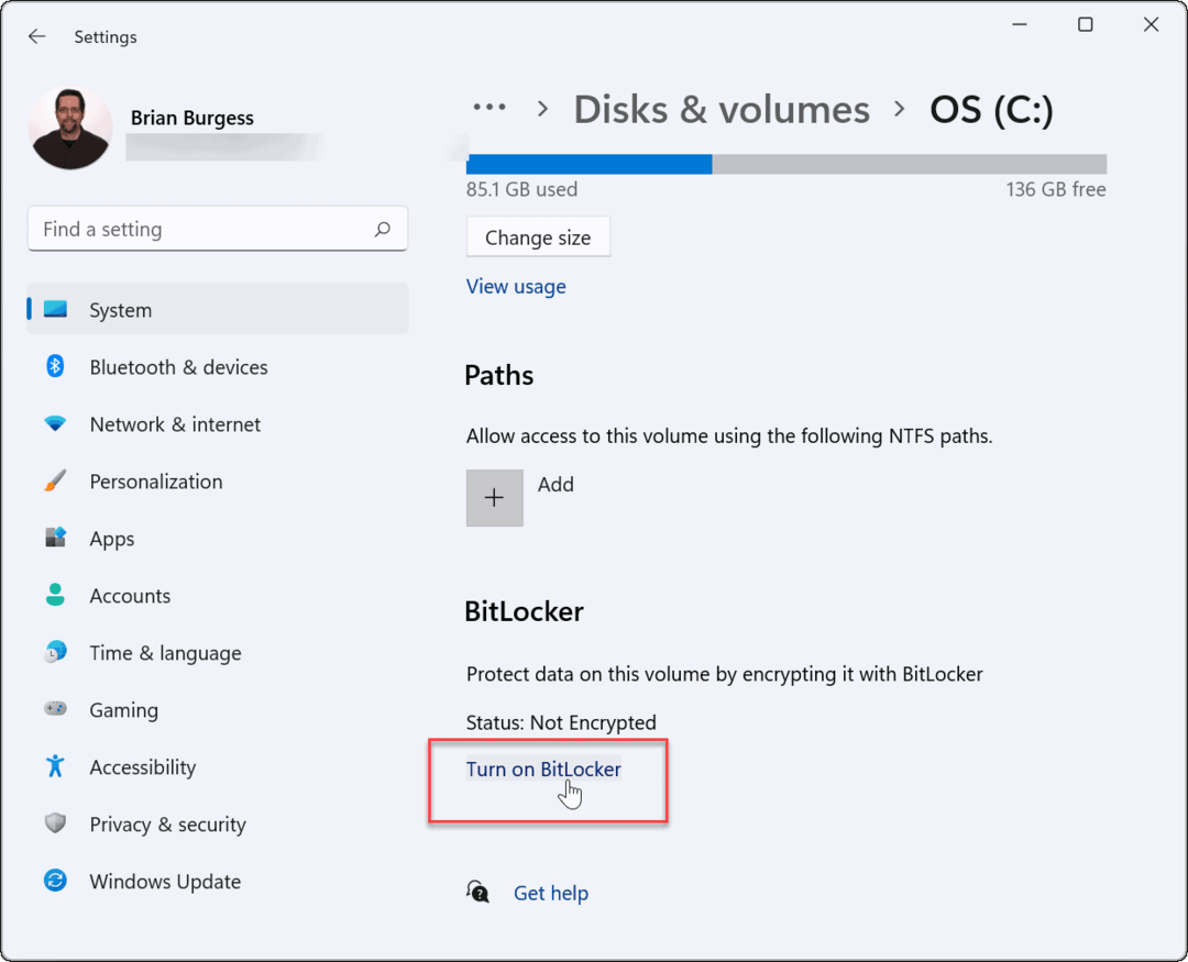 Kapcsolja be a bitlocker használata bitlocker titkosítást a Windows 11 rendszerben