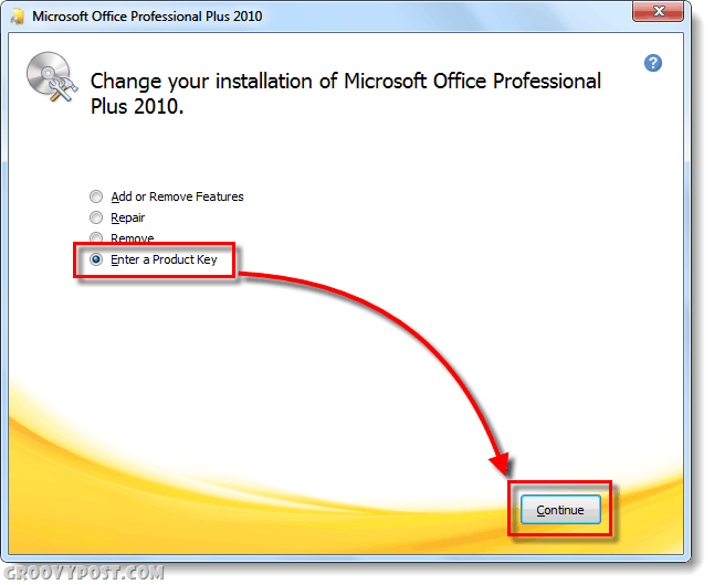 az Office 2010 termékkulcs megváltoztatása képernyő