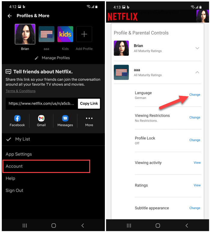 Netflix Android App-fiók