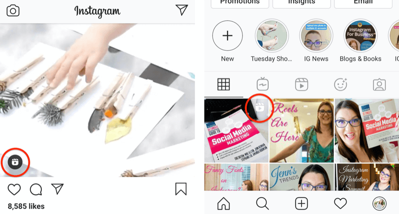 az instagram tekercsek ikonja látható egy hírcsatorna-bejegyzésben és egy profilrács négyzetén