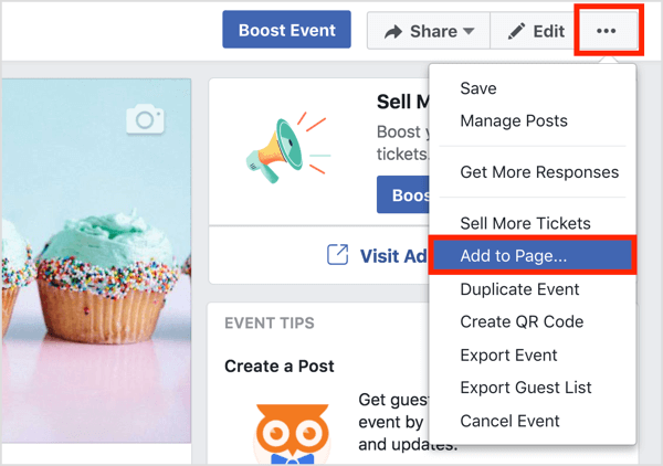 Kattintson a három pont gombra a Facebook eseményoldal tetején, és válassza a Hozzáadás az oldalhoz lehetőséget.