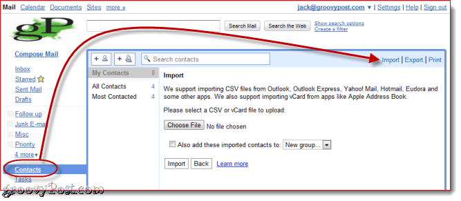 Importálja a VCF-et a Gmailbe