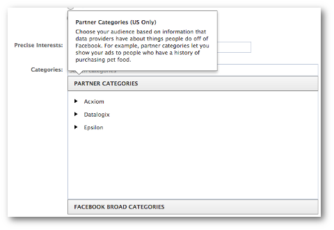 facebook széles partner kategóriák