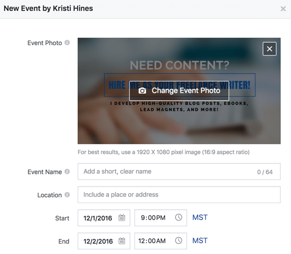 Töltse ki ezeket az adatokat Facebook esemény létrehozásához.