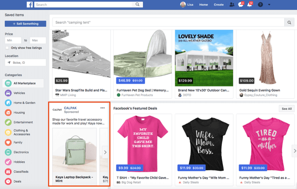 Az oldalak a Facebook Marketplace-en is futtathatnak hirdetéseket.
