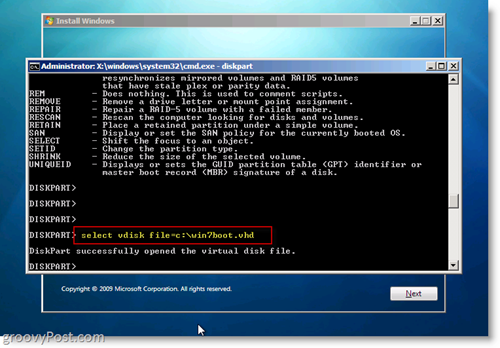 A Windows 7 natív VHD telepítése Dual Boot Select VHD a CMD Prompt közül
