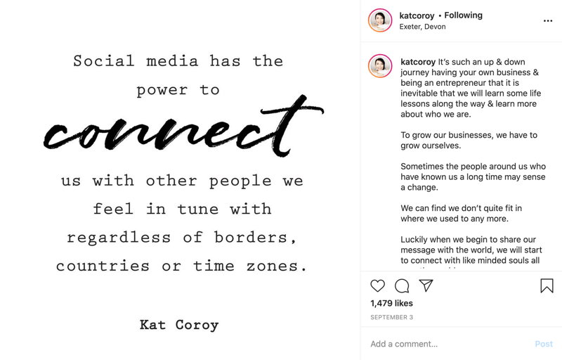 példa egy instagram idézet bejegyzésre, amelynek szövege elsősorban tömb betűtípussal, néhány szó a szkript szövegében a hangsúlyozáshoz