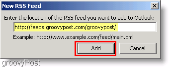 Képernyőkép Microsoft Outlook 2007 - Írjon be új RSS-hírcsatornát