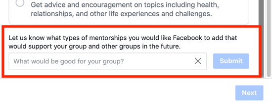 Hogyan lehet továbbfejleszteni a Facebook-csoport közösségét, lehetőség arra, hogy csoportos mentori kategória opciót javasoljon a Facebook számára