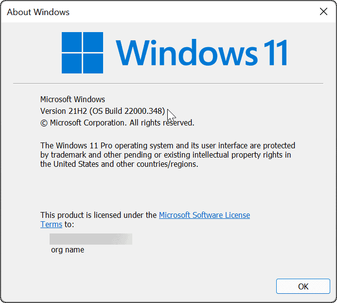 A Windows 11 verziója és összeállítása a winver paranccsal