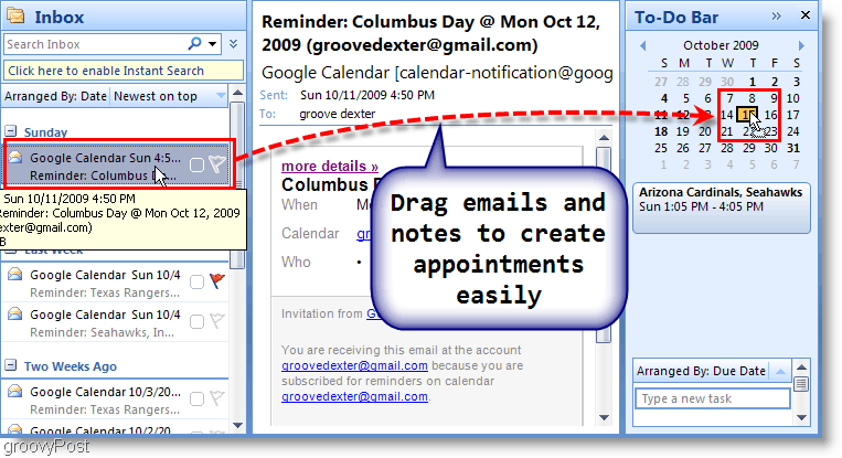 Outlook 2007 teendősáv – Húzza az e-mailt a naptárba