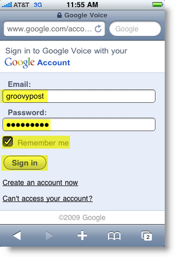 A Google Voice mobil bejelentkezési oldala