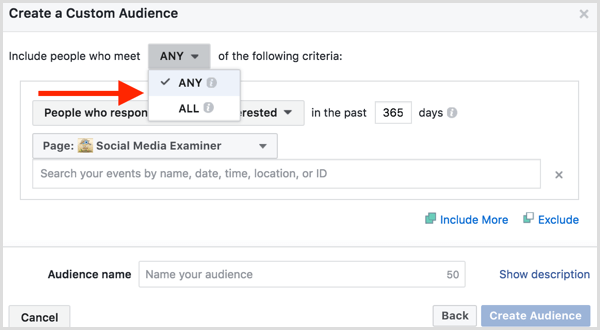 A Facebook Ads Manager egyéni közönséget hozhat létre az események elkötelezettsége alapján