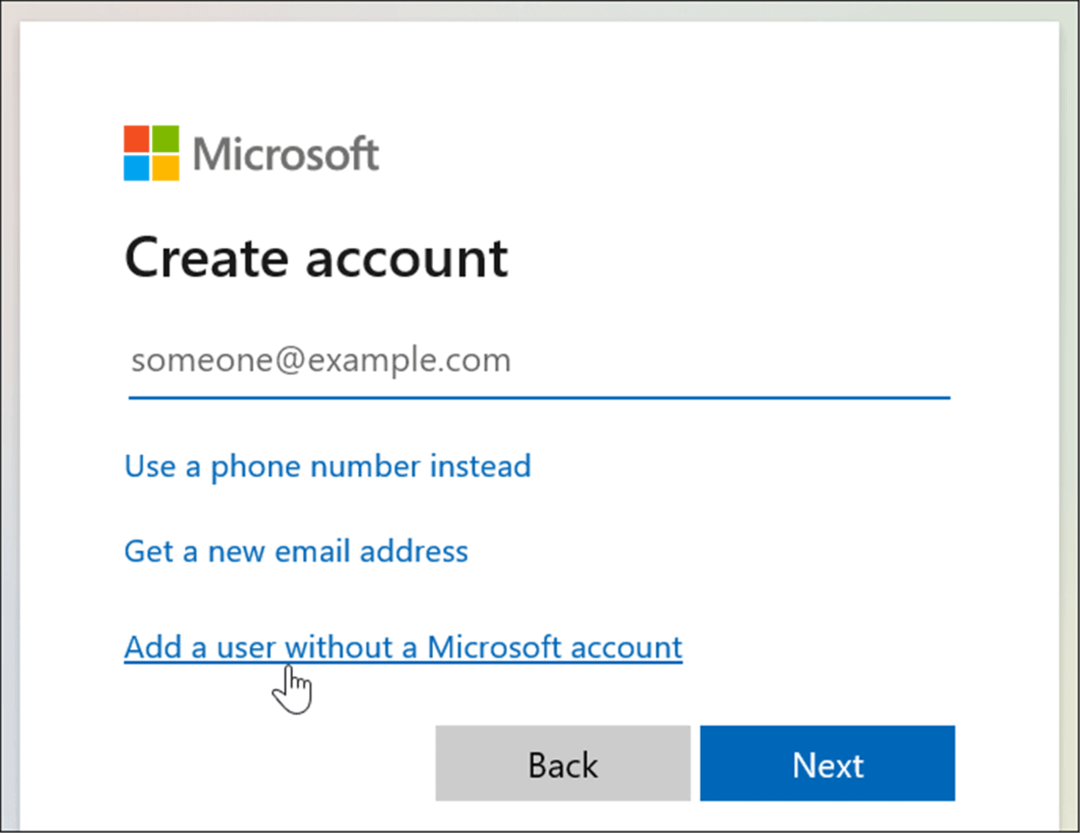 felhasználó hozzáadása Microsoft-fiók nélkül