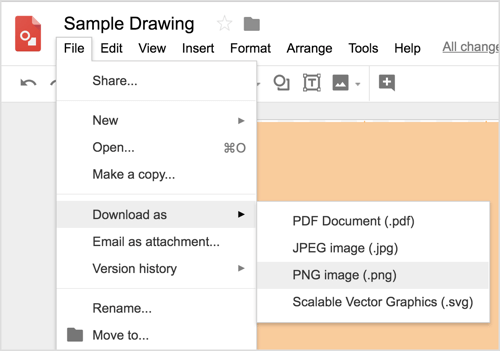 Válassza a Fájl> Letöltés másként> PNG-kép (.png) lehetőséget a Google Rajzok tervezésének letöltéséhez.