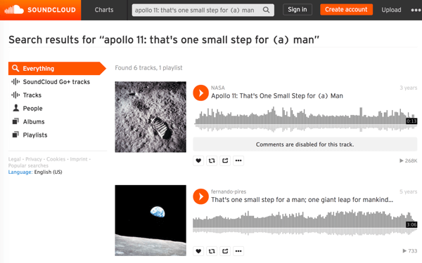 Keressen a NASA médiafájljaiban a SoundCloud-on, hogy megtalálja és letöltse az ikonikus történelmi pillanatok hangját, például az első holdjárást.