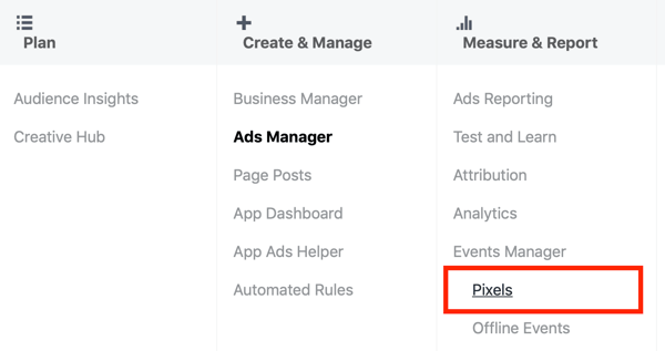 Használja a Google Címkekezelőt a Facebook-tal, a Pixels 3. lépésének menüopciója az Ads Manager alatt