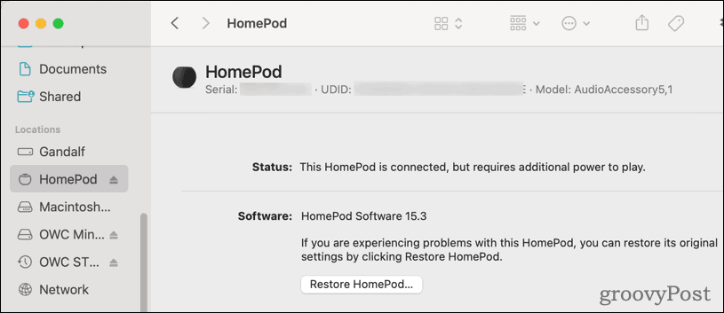 A HomePod visszaállítása a macOS rendszerről