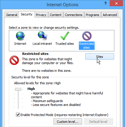 Internet Explorer korlátozott webhelyek
