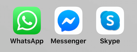 ikonok a WhatsApp, a Facebook Messenger és a Skype számára