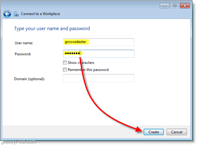 gépelje be felhasználónevét és jelszavát, majd hozza létre a kapcsolatot a Windows 7 rendszerben