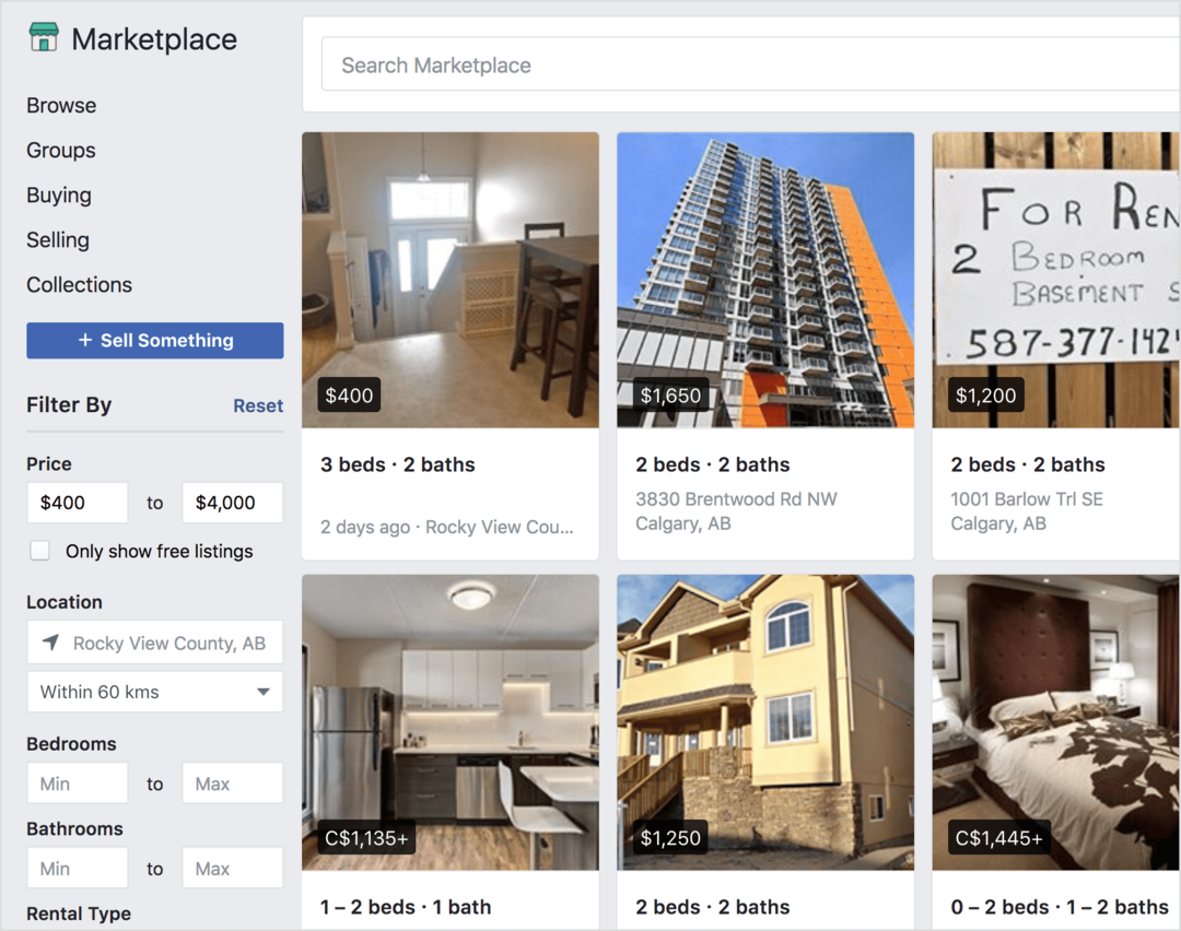 A Facebook Marketplace bérelhető ingatlanokat kínál eladásra.