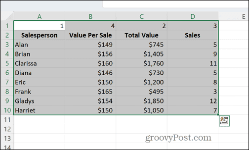 Excel kiválasztott cellák