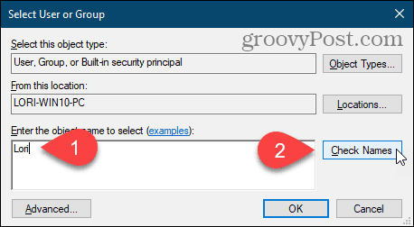 Kattintson a Nevek ellenőrzése elemre a felhasználói név megadásához a Felhasználó vagy csoport kiválasztása párbeszédpanelen a Windows Registry programban
